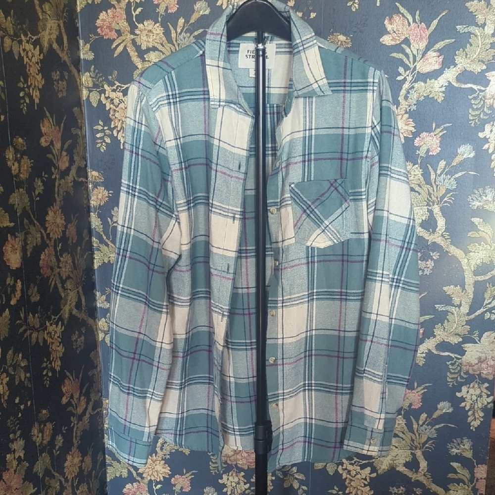 Field & Stream Teal White And Purple Plaid Flannel Button Down Shirt Size M